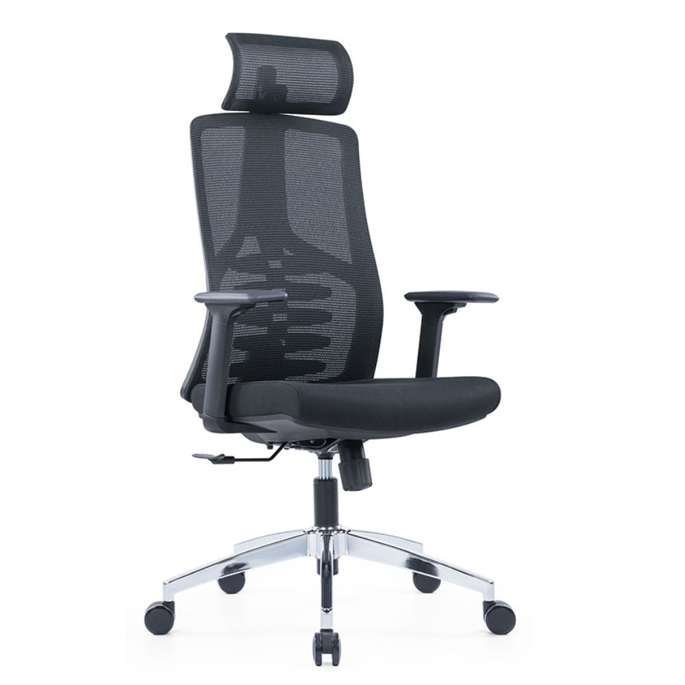 CH-359A Ergonomic High Back Chair with black mesh back, adjustable headrest, lumbar support, 2D armrests, chrome base, and nylon casters