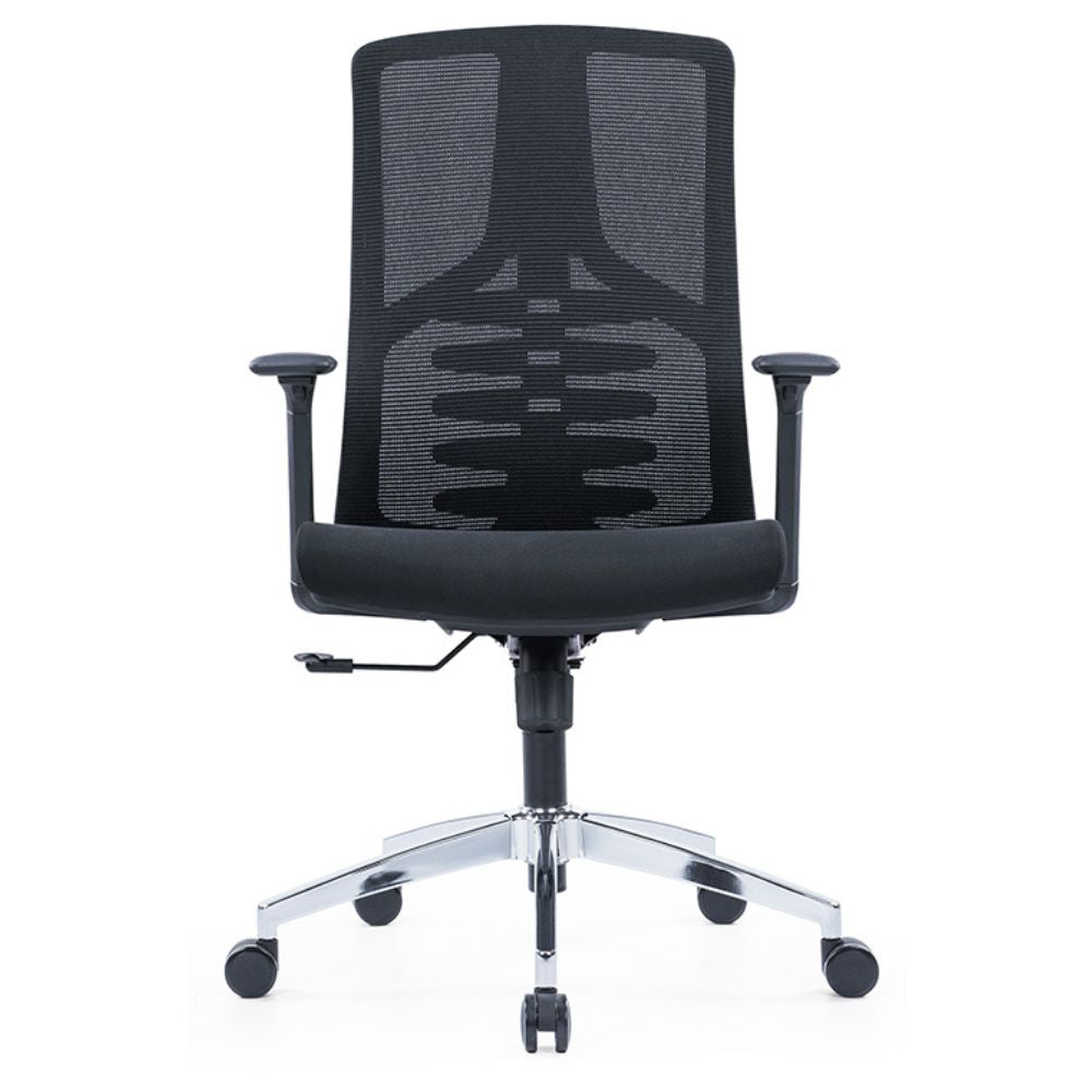 CH-359B ergonomic medium back office chair with black mesh, adjustable lumbar support, 2D armrests, and chrome base with nylon casters
