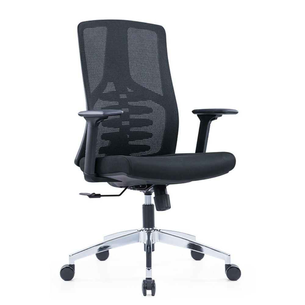 CH-359B ergonomic medium back office chair with black mesh, adjustable lumbar support, 2D armrests, and chrome base with nylon casters