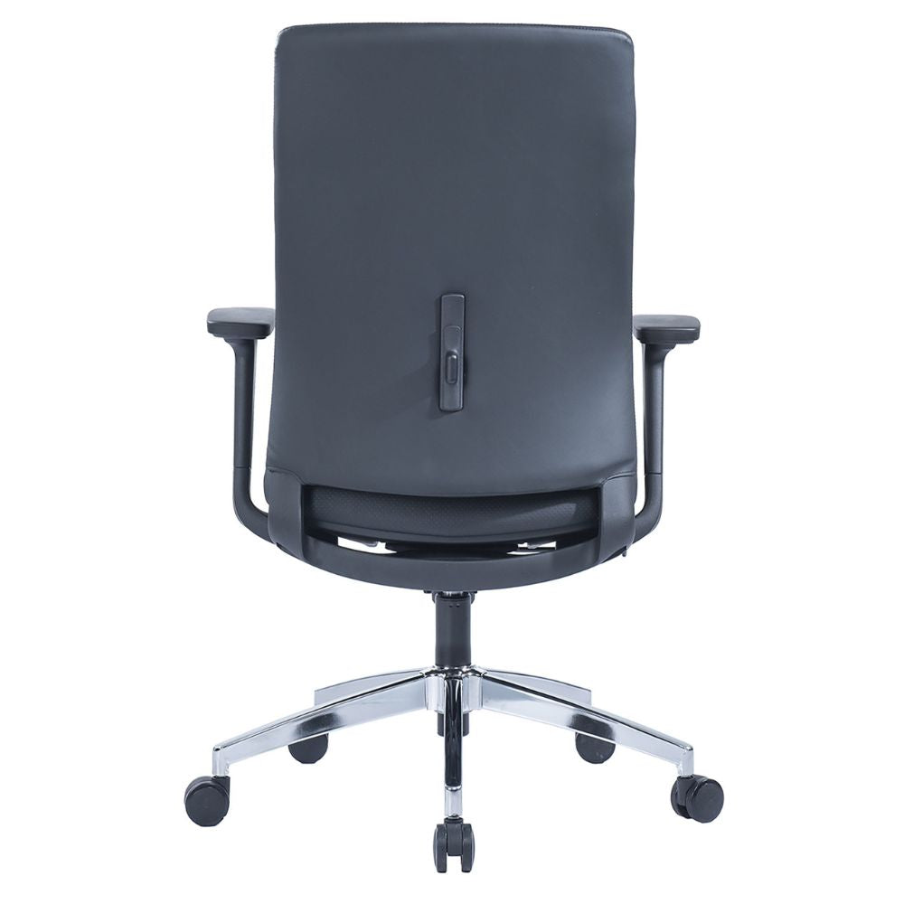 Black CH-366B ergonomic medium back office chair with adjustable armrests and grey nylon base with casters viewed from the back