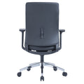 Black CH-366B ergonomic medium back office chair with adjustable armrests and grey nylon base with casters viewed from the back