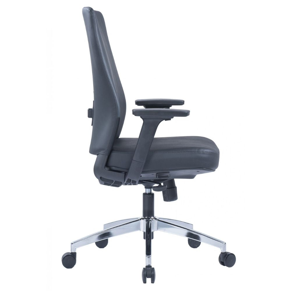Black CH-366B ergonomic medium back office chair with adjustable armrests and grey nylon base with casters viewed from the back