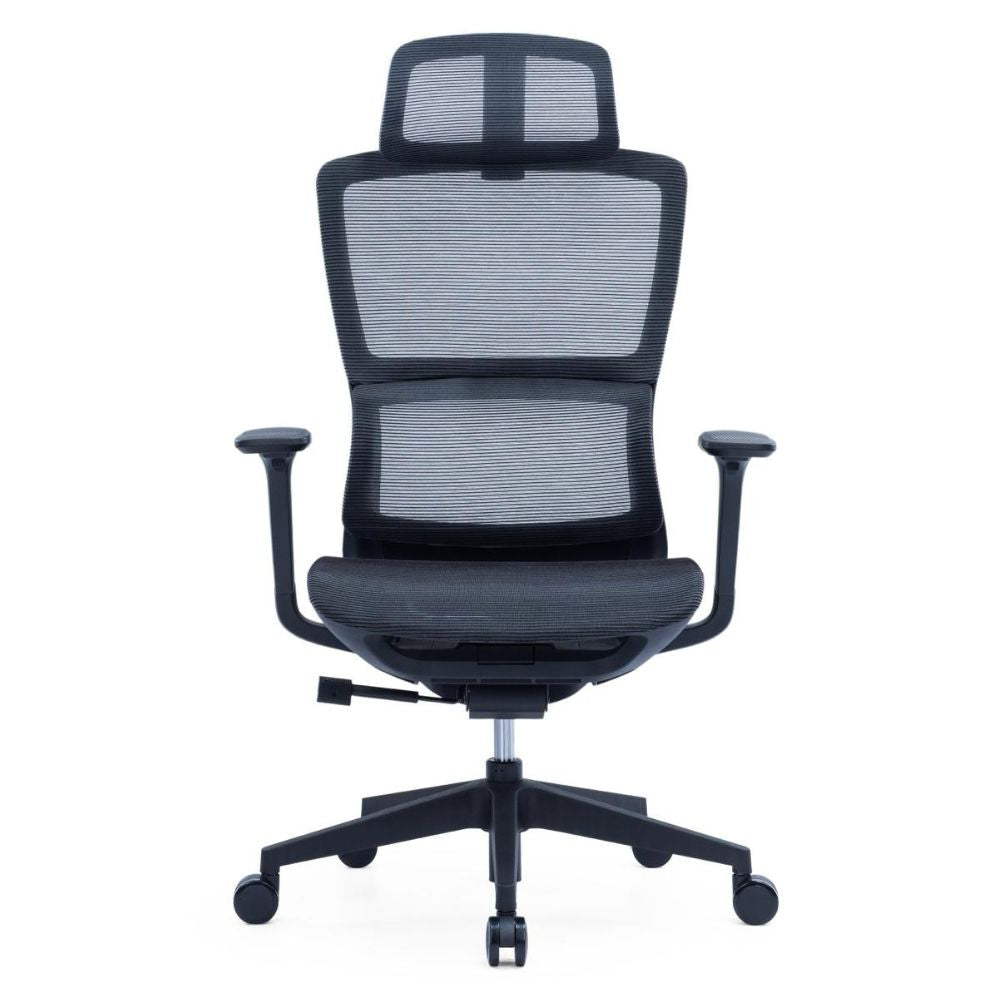 CH-517A Ergonomic High Back Chair in black with adjustable mesh headrest, 3D adjustable PU armrests, and nylon base with PU casters.