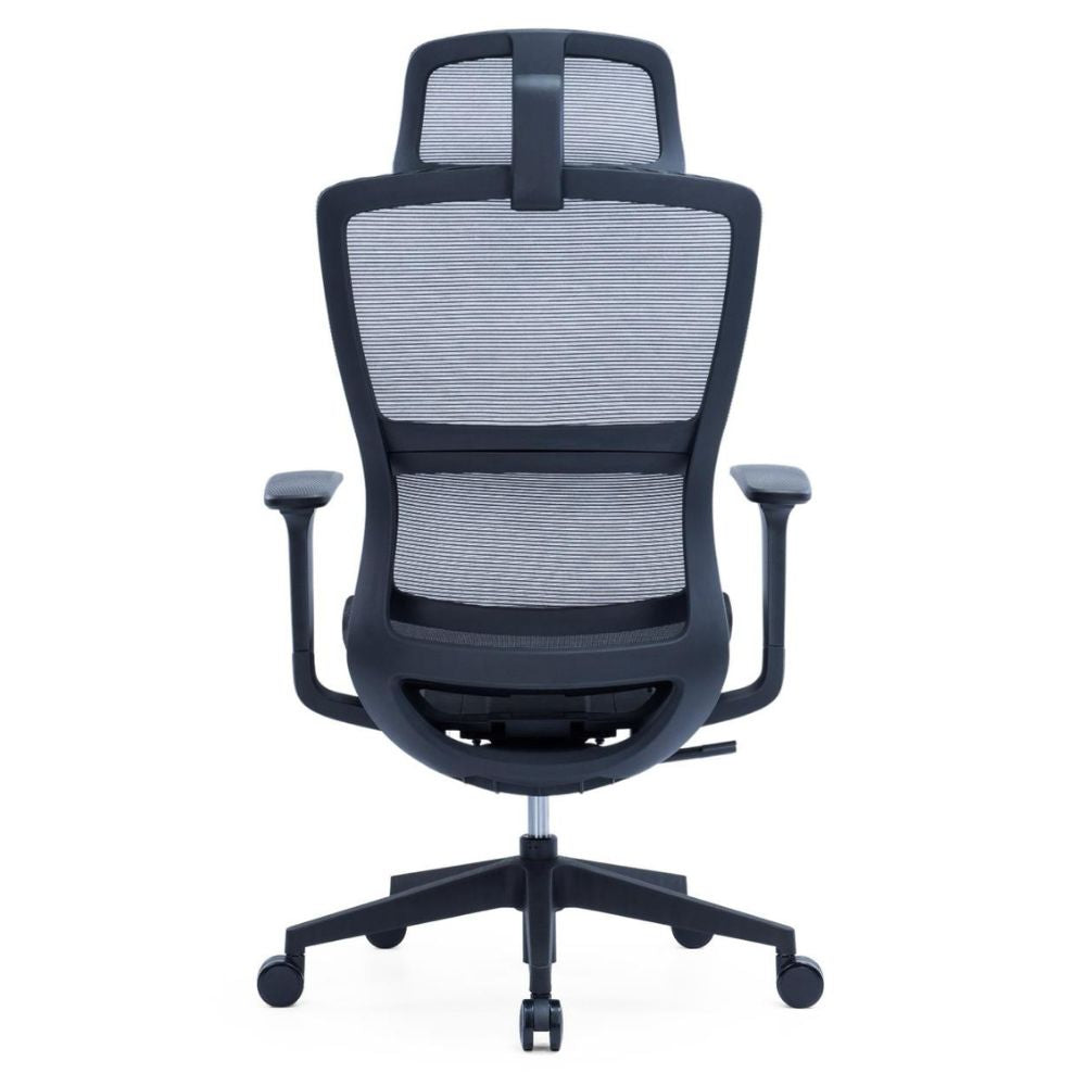 CH-517A Ergonomic High Back Chair in black with adjustable mesh headrest, 3D adjustable PU armrests, and nylon base with PU casters.