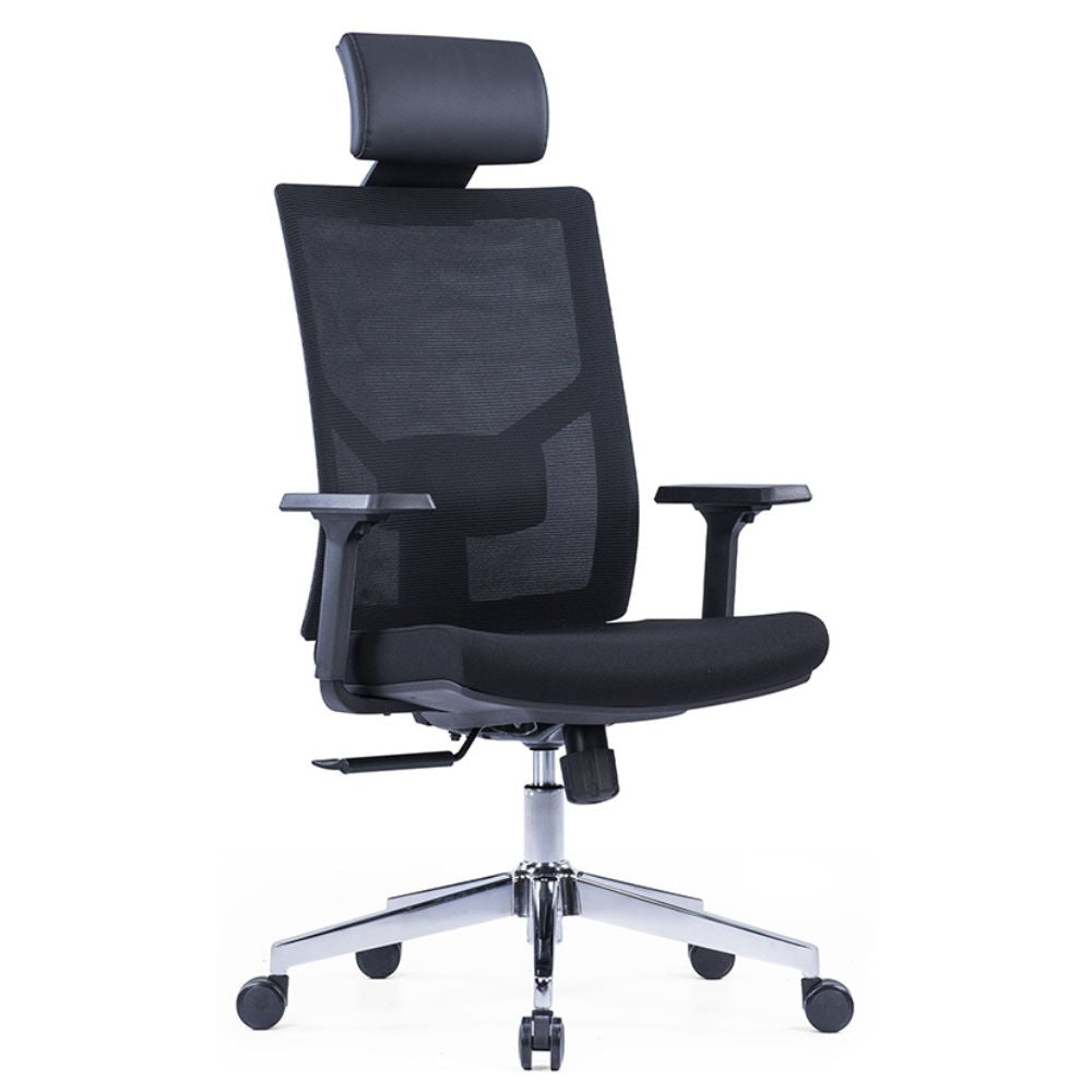 CH-523A Ergonomic High Back Chair in black with adjustable lumbar support, armrests, fixed headrest, chrome base, and nylon casters
