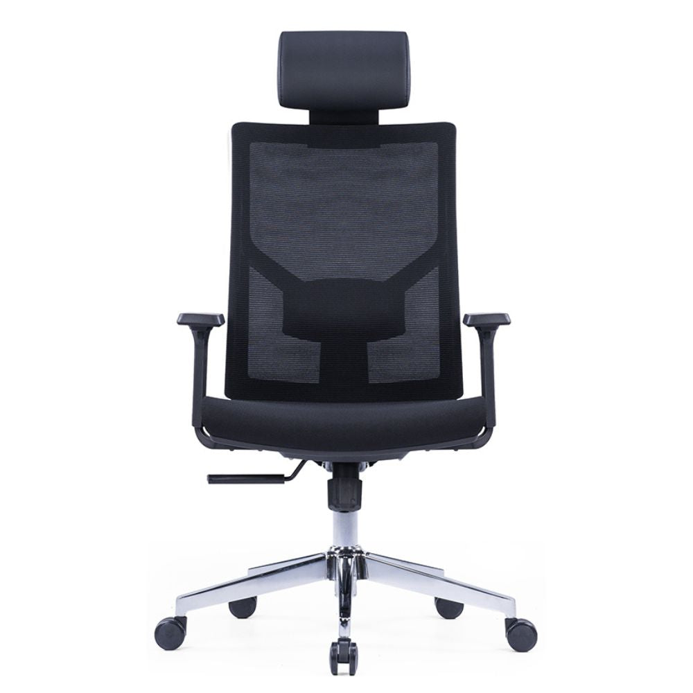 CH-523A Ergonomic High Back Chair in black with adjustable lumbar support, armrests, fixed headrest, chrome base, and nylon casters