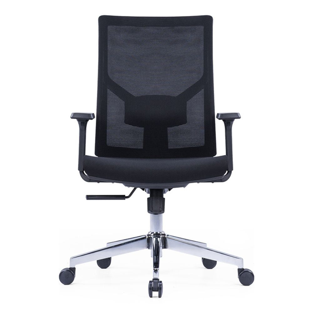 Black ergonomic office chair with black glass fiber frame, adjustable lumbar support, armrests, and chrome base with nylon casters