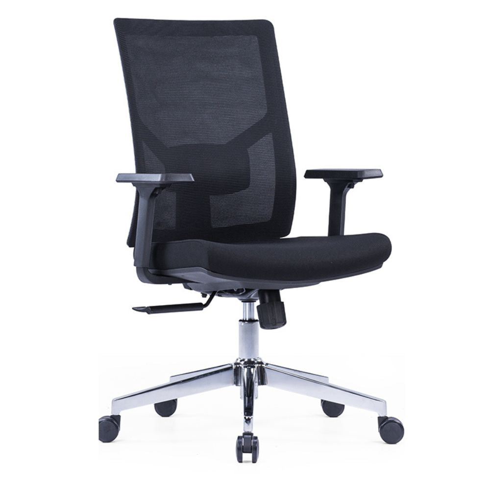 Black ergonomic office chair with black glass fiber frame, adjustable lumbar support, armrests, and chrome base with nylon casters
