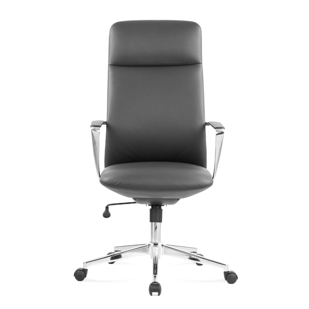 Ergonomic black high back chair with aluminum armrests and chrome steel base on casters