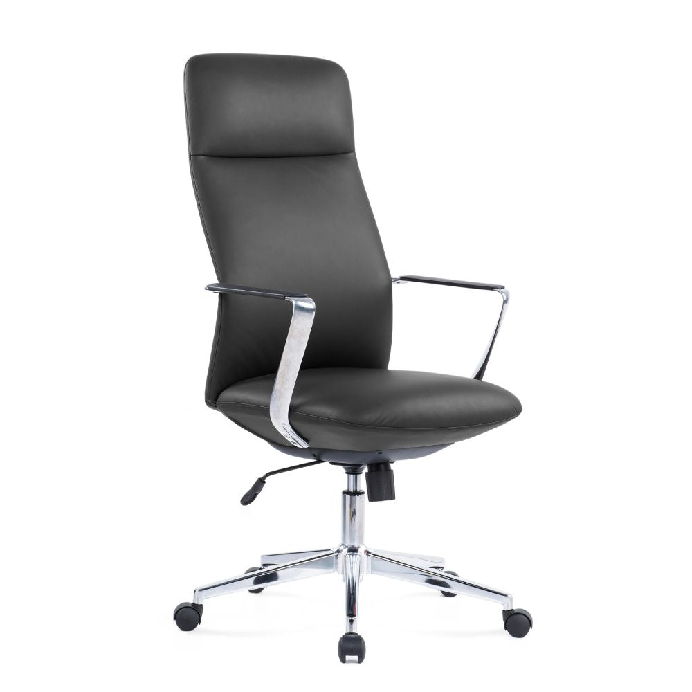 Ergonomic black high back chair with aluminum armrests and chrome steel base on casters