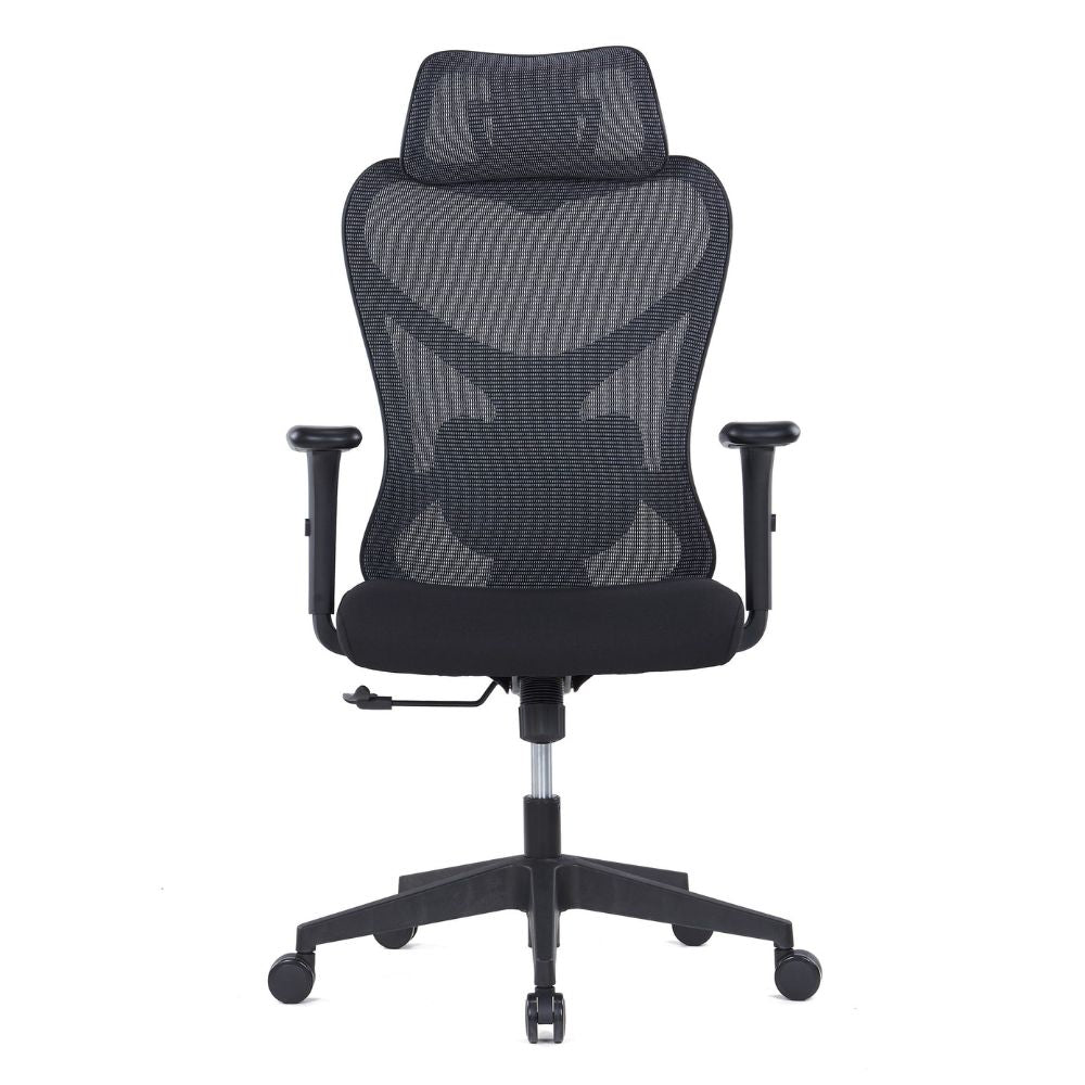 CH-535A Ergonomic high back black office chair with adjustable headrest, lumbar support, PU armrests, and mesh backrest