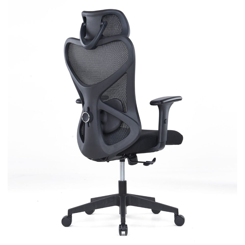CH-535A Ergonomic high back black office chair with adjustable headrest, lumbar support, PU armrests, and mesh backrest