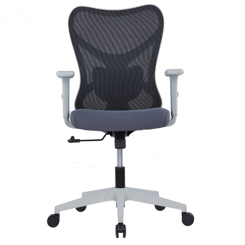Ergonomic Medium Back Chair with mesh back, adjustable lumbar support, molded foam seat, adjustable PU armrests, synchro tilt mechanism, and plastic base with nylon casters.