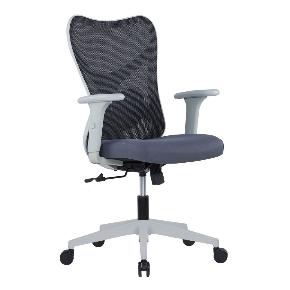 Ergonomic Medium Back Chair with mesh back, adjustable lumbar support, molded foam seat, adjustable PU armrests, synchro tilt mechanism, and plastic base with nylon casters.