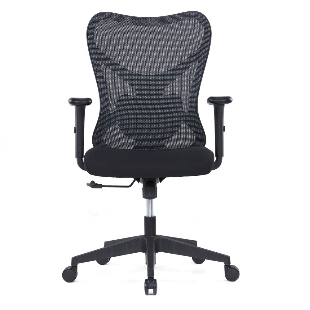 CH-535B ergonomic medium back office chair with mesh back, adjustable lumbar support, molded foam seat, adjustable PU armrests, synchro tilt mechanism, and nylon caster base in black