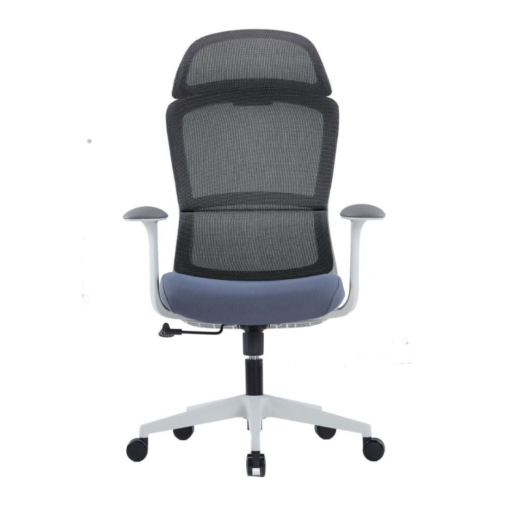 Ergonomic high back chair with mesh headrest, grey plastic and glass fiber frame, PU leather armrests, molded PU foam seat, single-lock mechanism, adjustable gas lift, and nylon caster base.