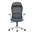 Ergonomic high back chair with mesh headrest, grey plastic and glass fiber frame, PU leather armrests, molded PU foam seat, single-lock mechanism, adjustable gas lift, and nylon caster base.