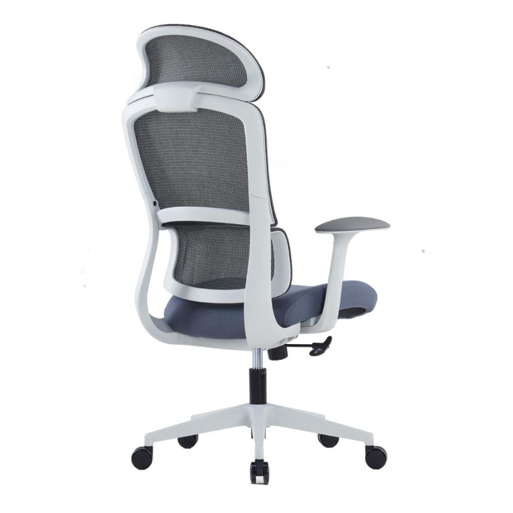 Ergonomic high back chair with mesh headrest, grey plastic and glass fiber frame, PU leather armrests, molded PU foam seat, single-lock mechanism, adjustable gas lift, and nylon caster base.