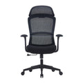 Black ergonomic high back chair with mesh headrest, T-shape PU leather armrests, molded PU foam seat, black plastic and glass fiber frame, adjustable single-lock mechanism, and class 3 gas lift.
