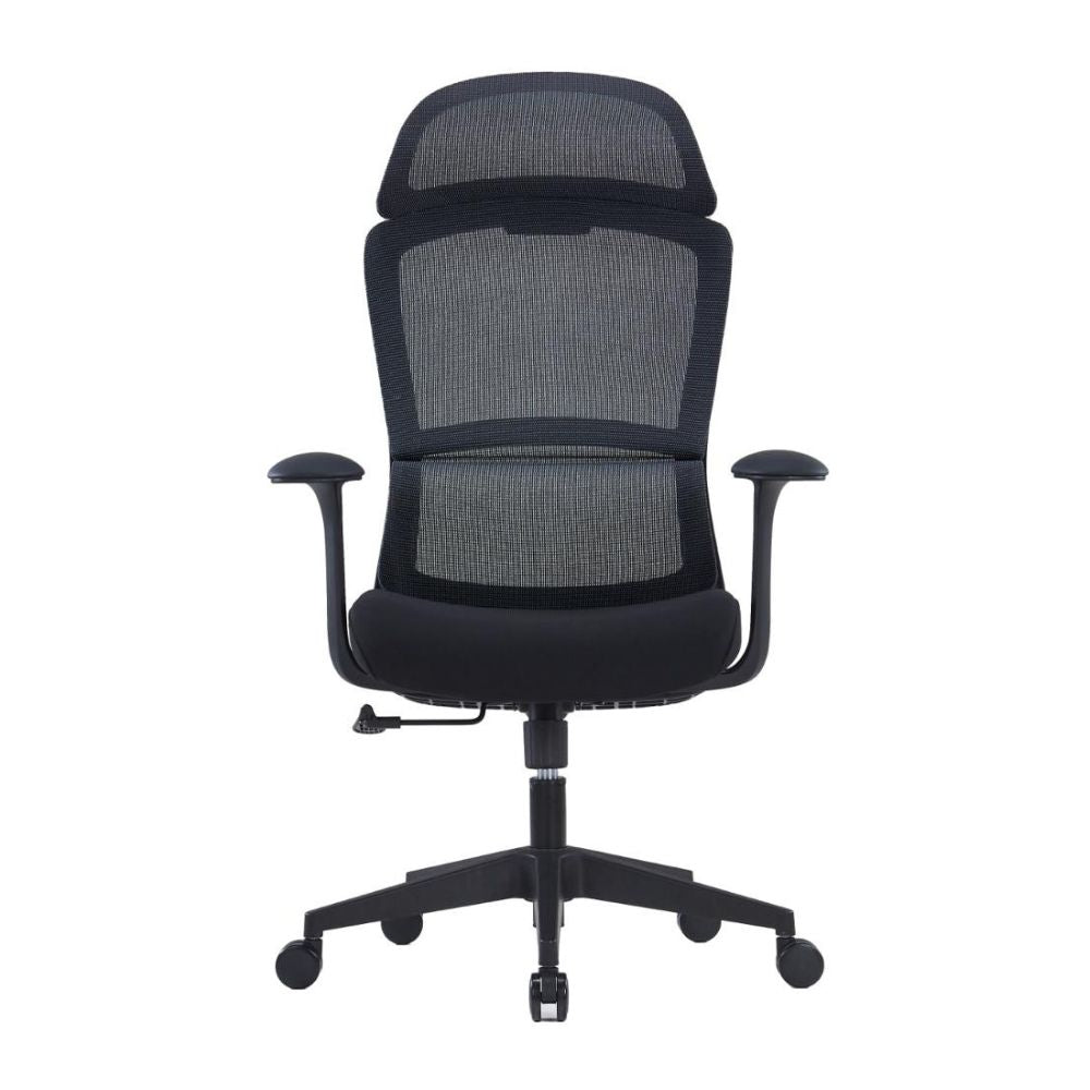 Black ergonomic high back chair with mesh headrest, T-shape PU leather armrests, molded PU foam seat, black plastic and glass fiber frame, adjustable single-lock mechanism, and class 3 gas lift.