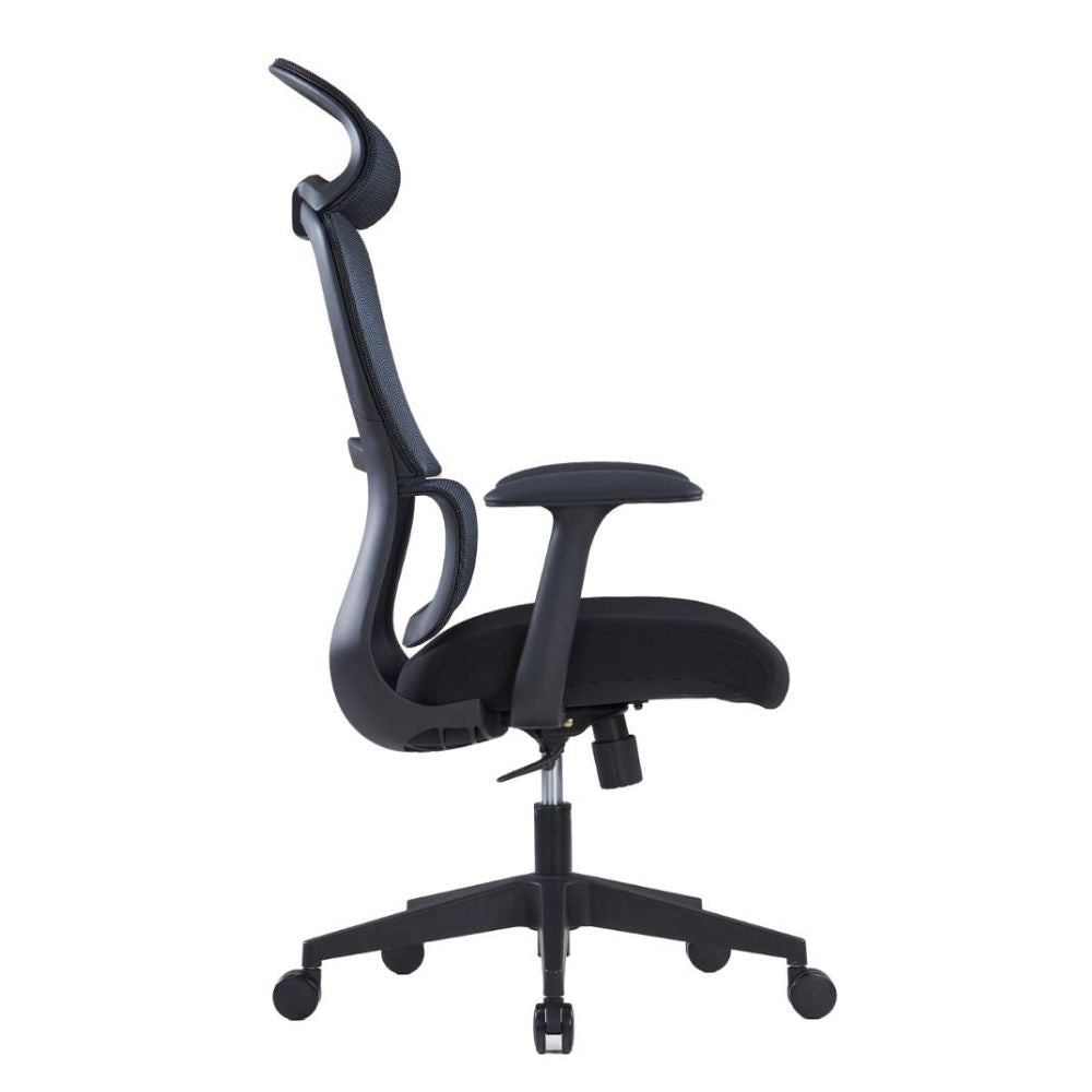 Black ergonomic high back chair with mesh headrest, T-shape PU leather armrests, molded PU foam seat, black plastic and glass fiber frame, adjustable single-lock mechanism, and class 3 gas lift.