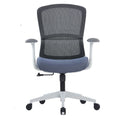 CH-555B-HS ergonomic medium back office chair with grey plastic and glass fiber frame, mesh backrest, blue molded PU foam seat, T-shape PU leather armrests, single-lock mechanism, adjustable gas lift, and nylon caster wheels.