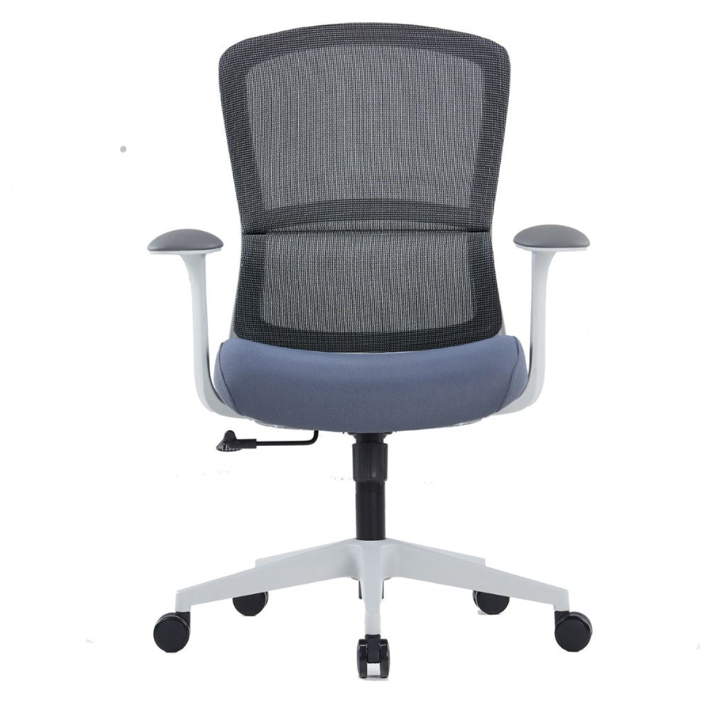 CH-555B-HS ergonomic medium back office chair with grey plastic and glass fiber frame, mesh backrest, blue molded PU foam seat, T-shape PU leather armrests, single-lock mechanism, adjustable gas lift, and nylon caster wheels.