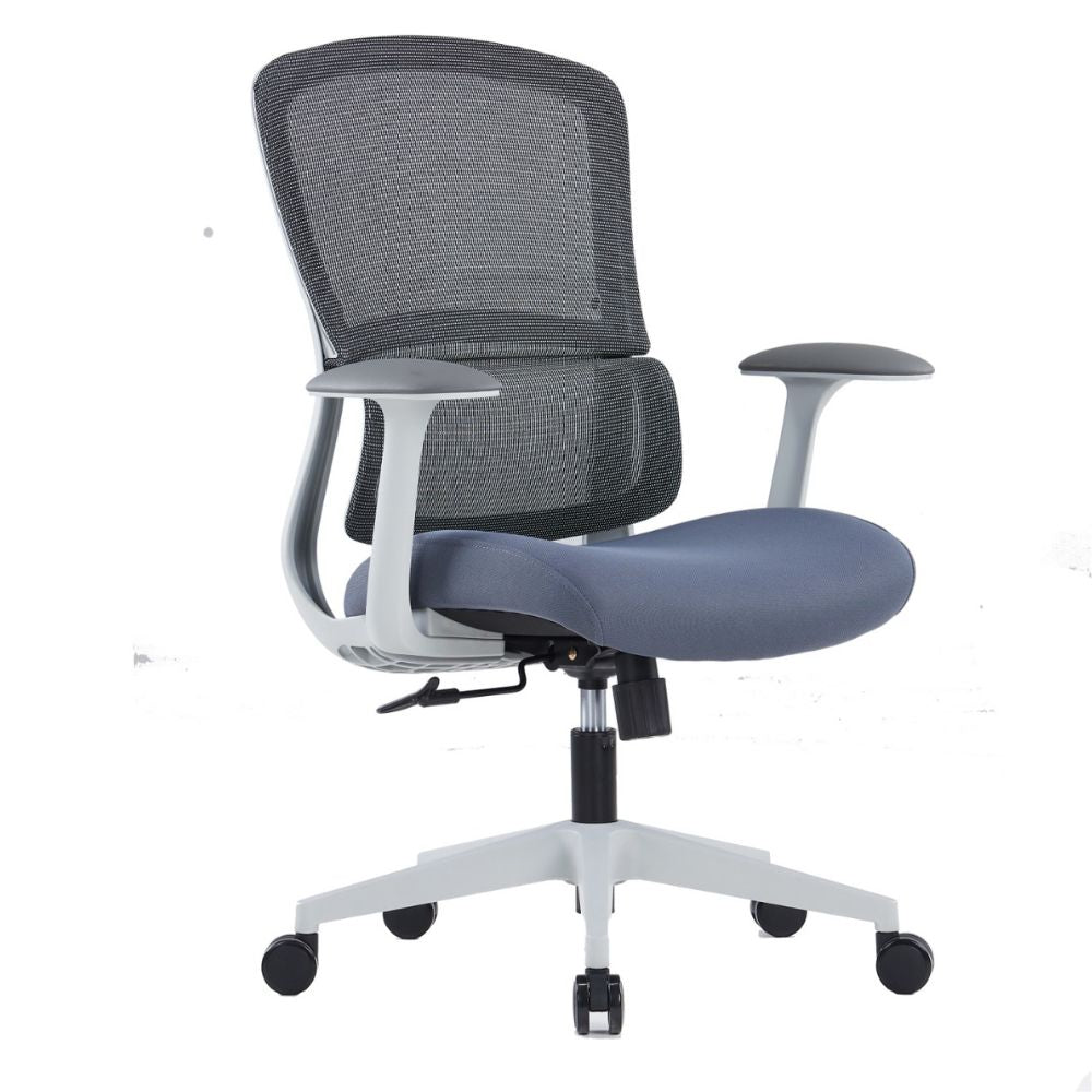 CH-555B-HS ergonomic medium back office chair with grey plastic and glass fiber frame, mesh backrest, blue molded PU foam seat, T-shape PU leather armrests, single-lock mechanism, adjustable gas lift, and nylon caster wheels.