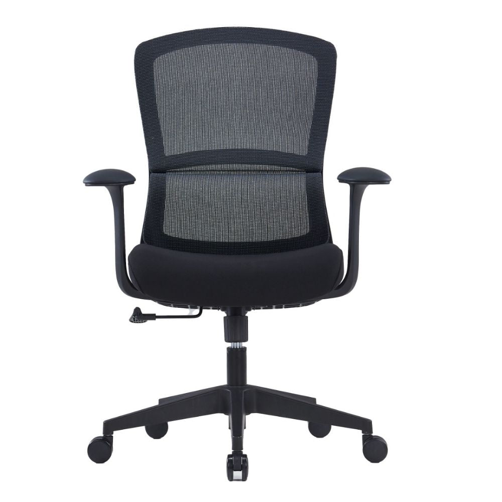 CH-555B Ergonomic medium back black office chair with mesh back, T-shape PU leather armrests, molded foam seat, adjustable single lock mechanism, gas lift, and nylon caster base