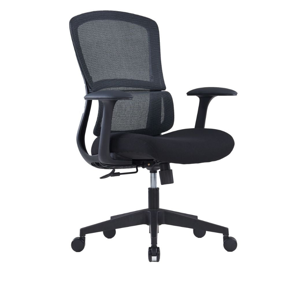 CH-555B Ergonomic medium back black office chair with mesh back, T-shape PU leather armrests, molded foam seat, adjustable single lock mechanism, gas lift, and nylon caster base