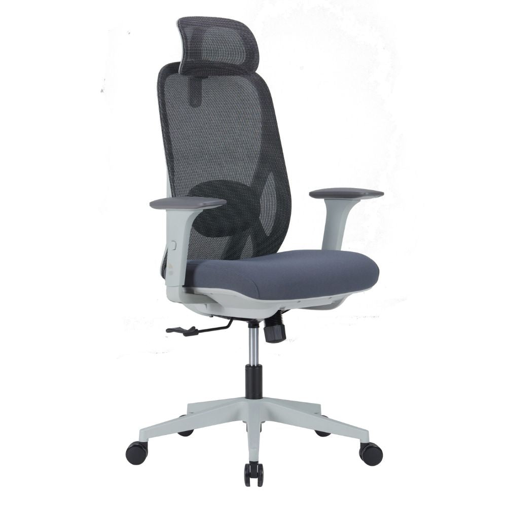 VIX-A-BS Ergonomic high back office chair with adjustable headrest, mesh back, molded foam seat, adjustable lumbar support, 3D armrests, nylon base, and PU casters