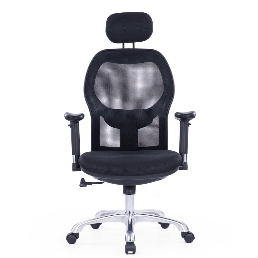 Ergonomic high back office chair with adjustable headrest, 2D armrests, lumbar support, and chrome gaslift base
