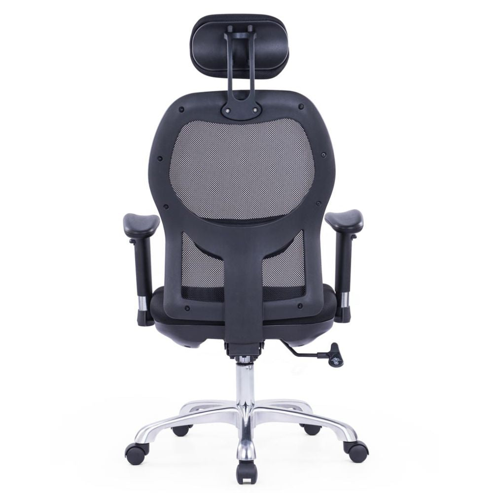 Ergonomic high back office chair with adjustable headrest, 2D armrests, lumbar support, and chrome gaslift base