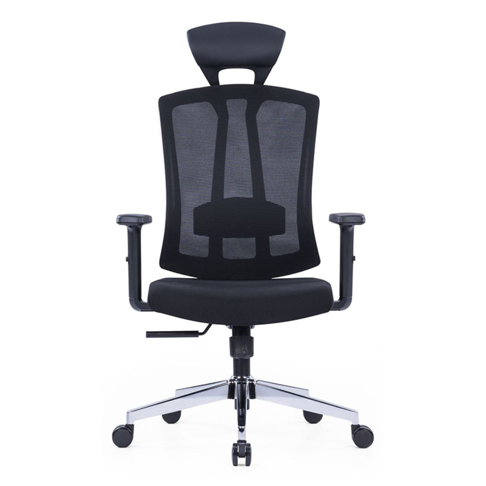 CH267ALP Ergonomic High Back Chair with adjustable lumbar support, fixed headrest, black nylon and glass fiber frame, PU armrests, molded foam cushion, chrome base, and black casters.