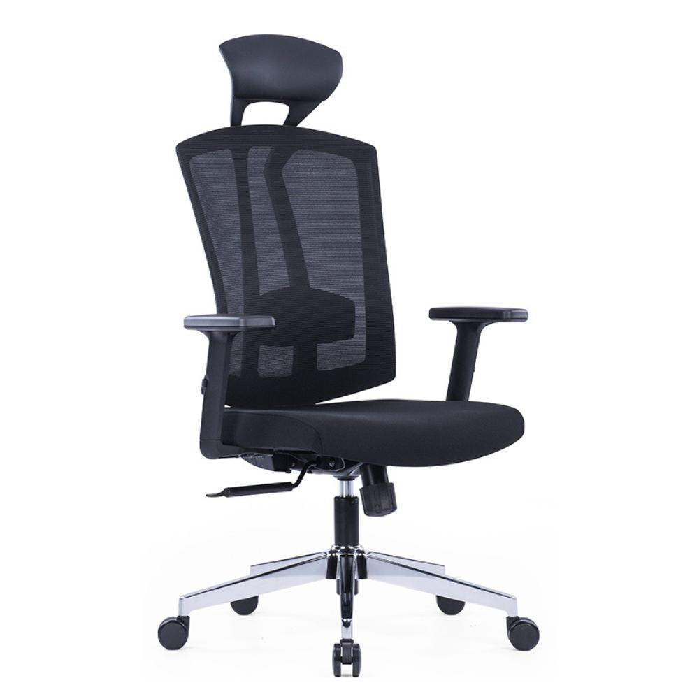 CH267ALP Ergonomic High Back Chair with adjustable lumbar support, fixed headrest, black nylon and glass fiber frame, PU armrests, molded foam cushion, chrome base, and black casters.