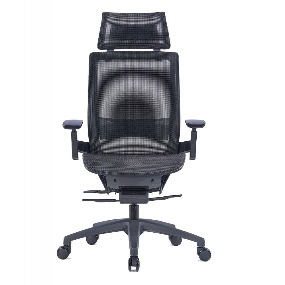Ergonomic high back black office chair with 3D adjustable armrests, mesh seat, tilt-locking mechanism, and nylon five-star base with PU castors