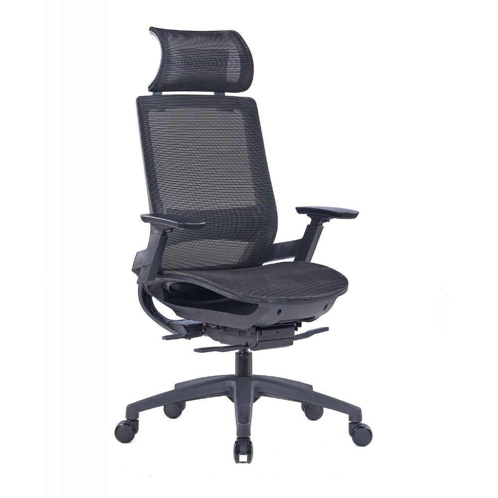 Ergonomic high back black office chair with 3D adjustable armrests, mesh seat, tilt-locking mechanism, and nylon five-star base with PU castors