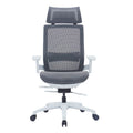 Ergonomic high back chair in grey with mesh seat, 3D adjustable armrests, four-position lock, sliding seat, and nylon five-star base with PU castors