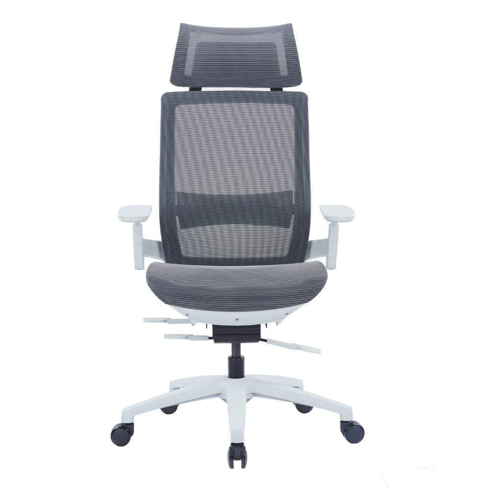 Ergonomic high back chair in grey with mesh seat, 3D adjustable armrests, four-position lock, sliding seat, and nylon five-star base with PU castors