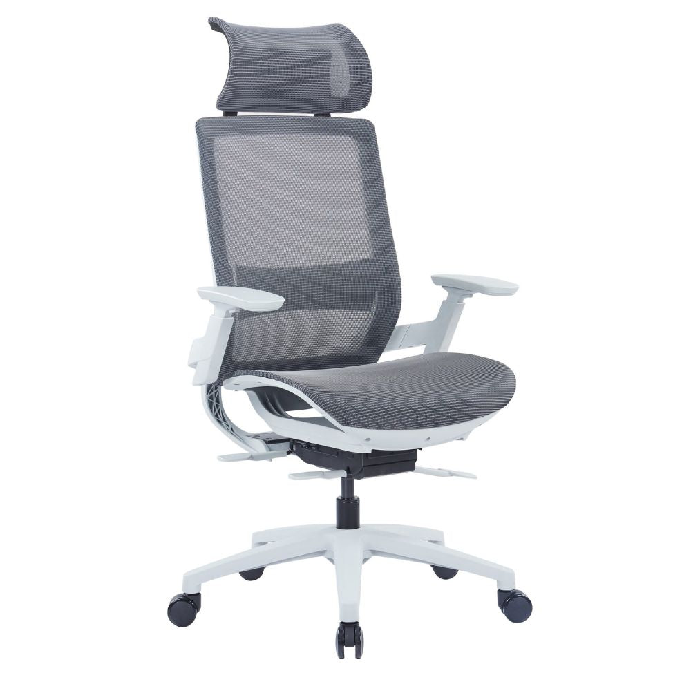 Ergonomic high back chair in grey with mesh seat, 3D adjustable armrests, four-position lock, sliding seat, and nylon five-star base with PU castors