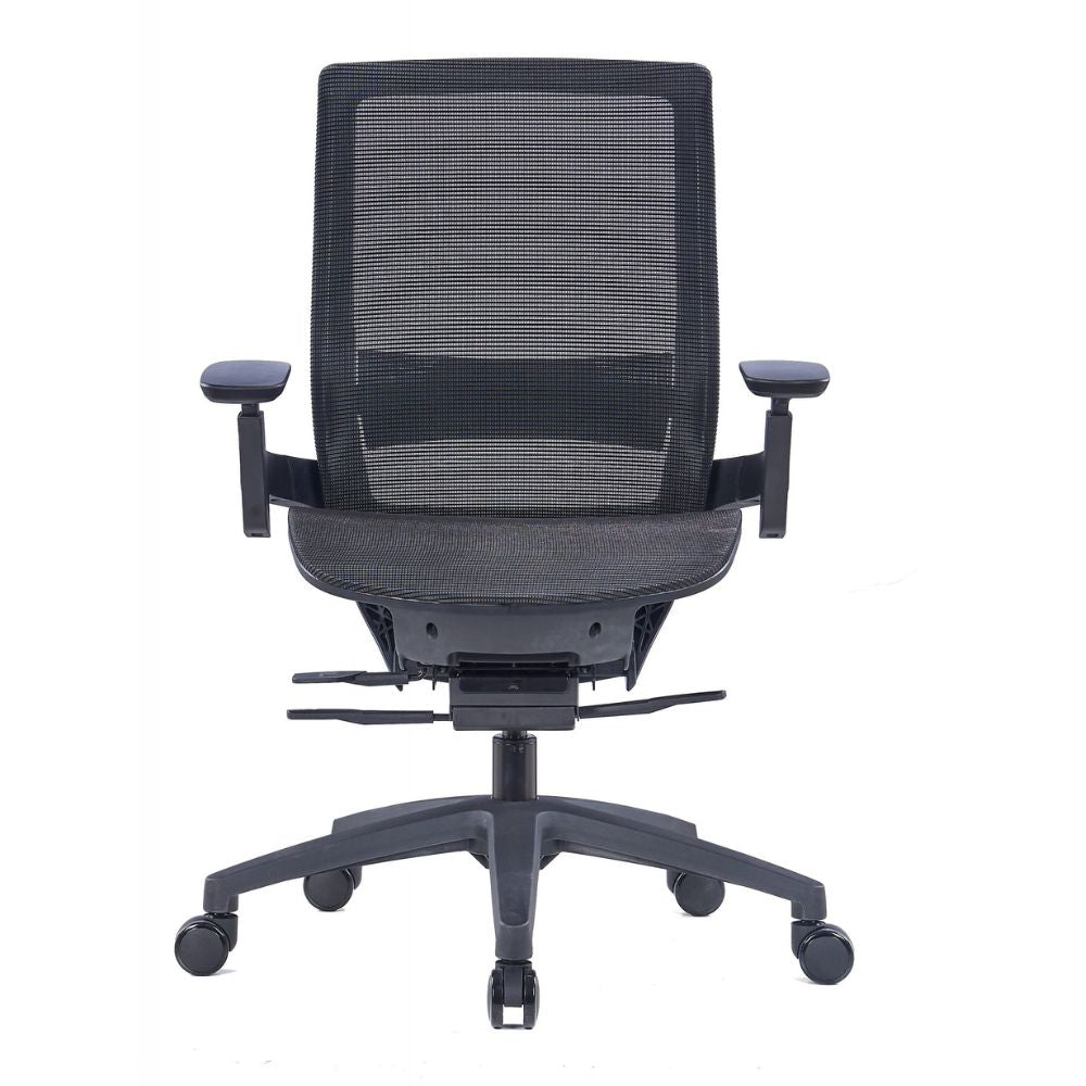 Black ergonomic medium back office chair with 3D adjustable armrests, mesh seat and back, tilt-locking mechanism, and nylon five-star base with PU castors.