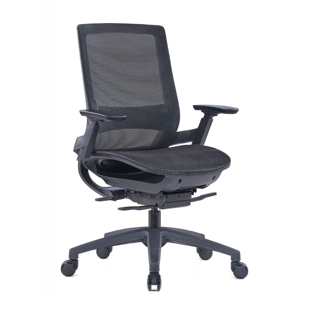 Black ergonomic medium back office chair with 3D adjustable armrests, mesh seat and back, tilt-locking mechanism, and nylon five-star base with PU castors.