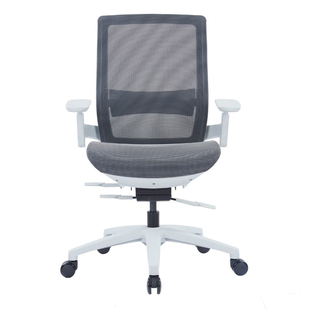 EEM-001B-HS ergonomic medium back office chair in grey with 3D adjustable armrests, mesh back, sliding seat, tilt-lock mechanism, and nylon five-star base with PU castors