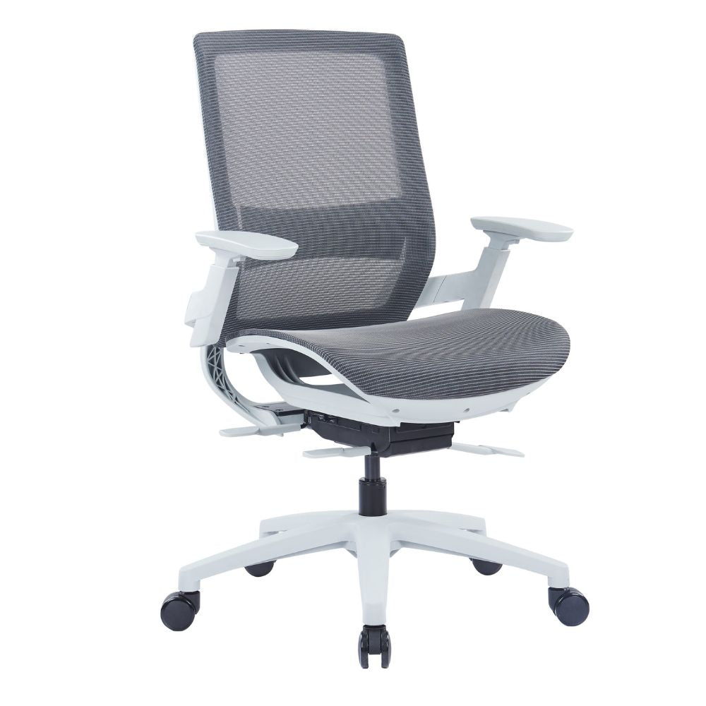 EEM-001B-HS ergonomic medium back office chair in grey with 3D adjustable armrests, mesh back, sliding seat, tilt-lock mechanism, and nylon five-star base with PU castors