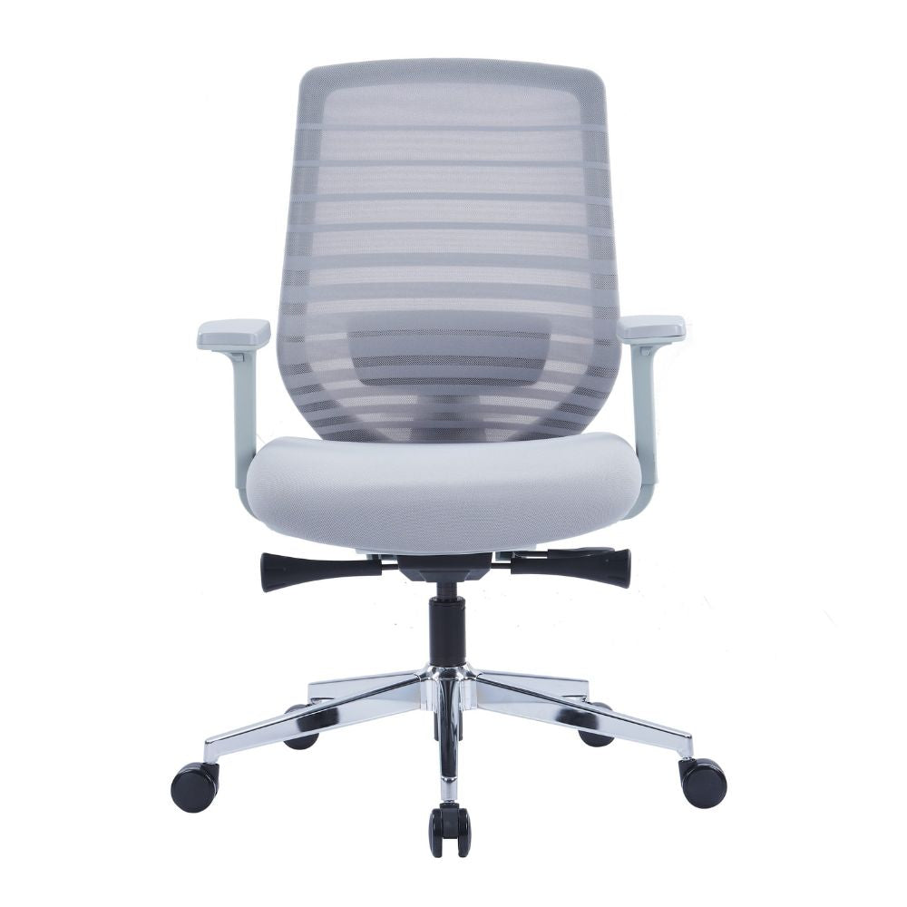 ERG2-005B ergonomic medium back office chair with grey 3D mesh, lumbar support, PU armrests, cotton cushion, and chrome base