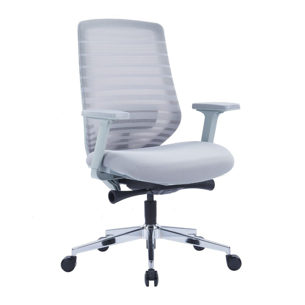 ERG2-005B ergonomic medium back office chair with grey 3D mesh, lumbar support, PU armrests, cotton cushion, and chrome base