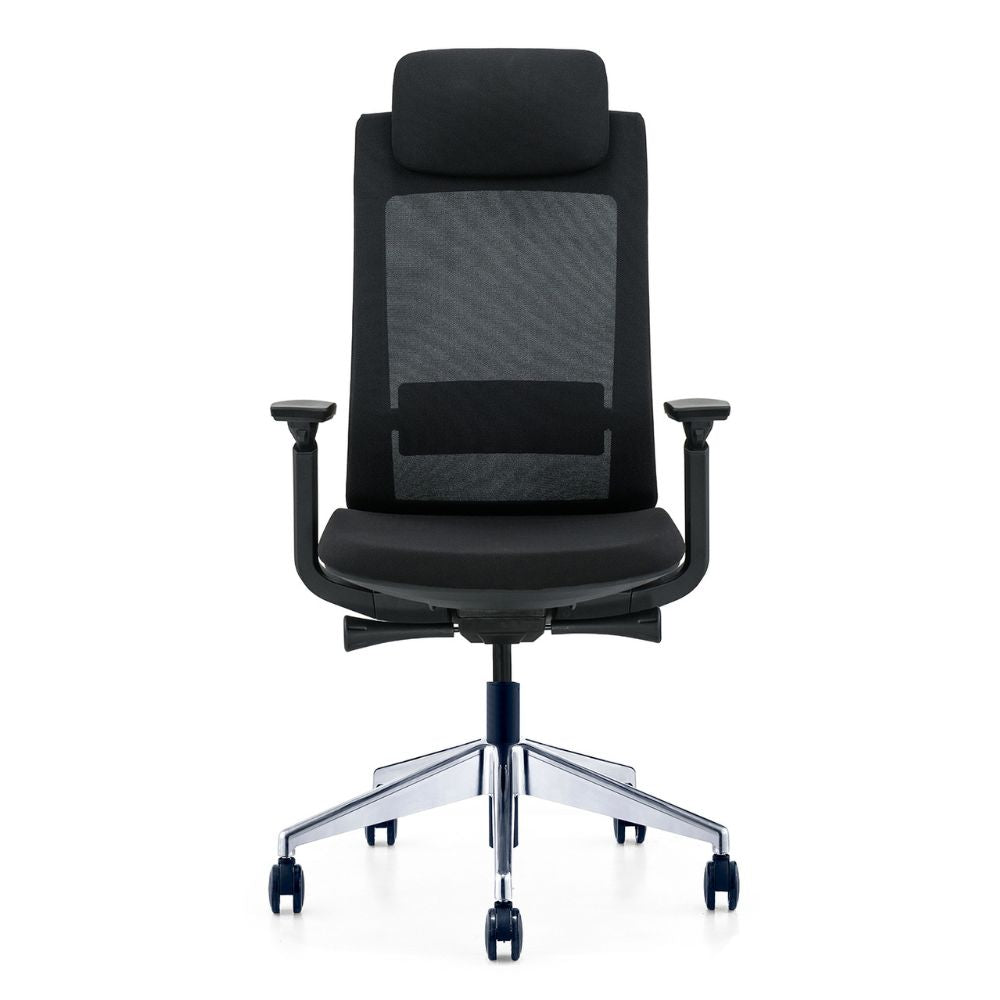 Black ergonomic high back office chair with adjustable headrest, lumbar support, 3D armrests, sliding seat, chrome base, and black casters