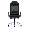 Black ergonomic high back office chair with adjustable headrest, lumbar support, 3D armrests, sliding seat, chrome base, and black casters