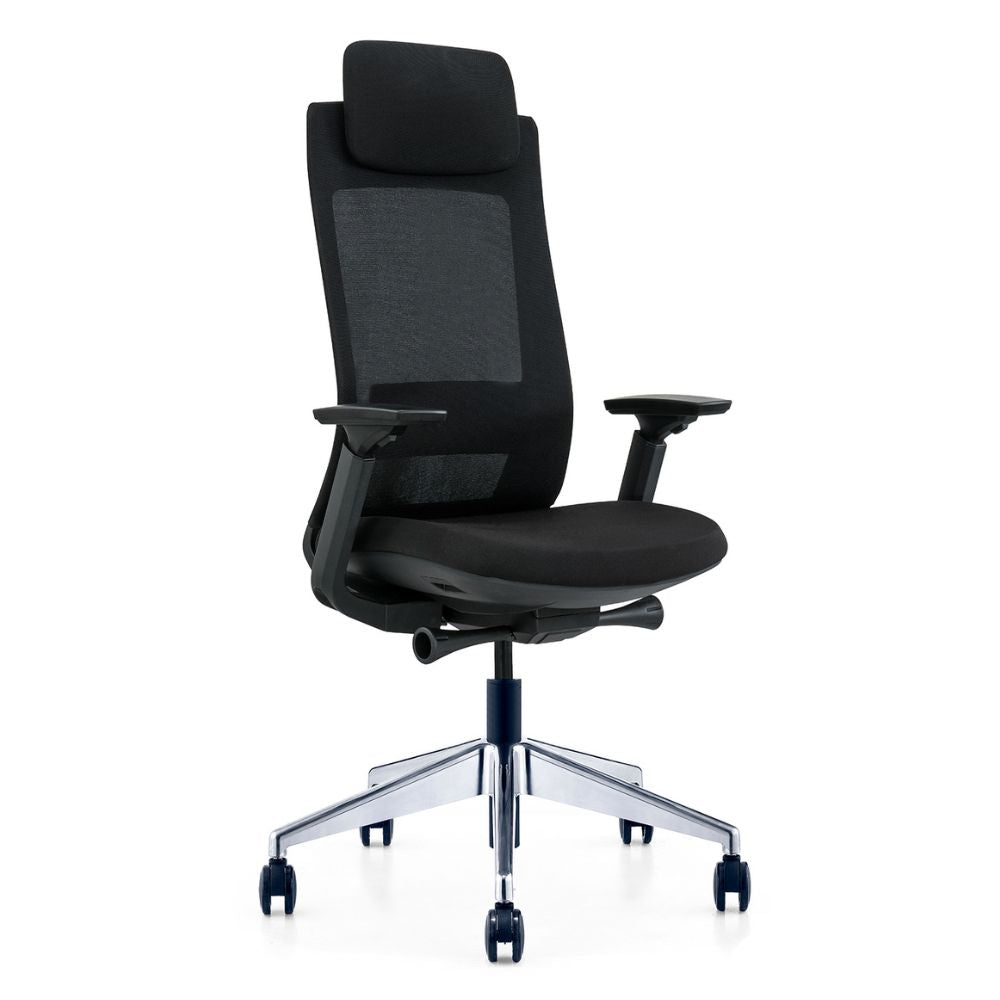 Black ergonomic high back office chair with adjustable headrest, lumbar support, 3D armrests, sliding seat, chrome base, and black casters