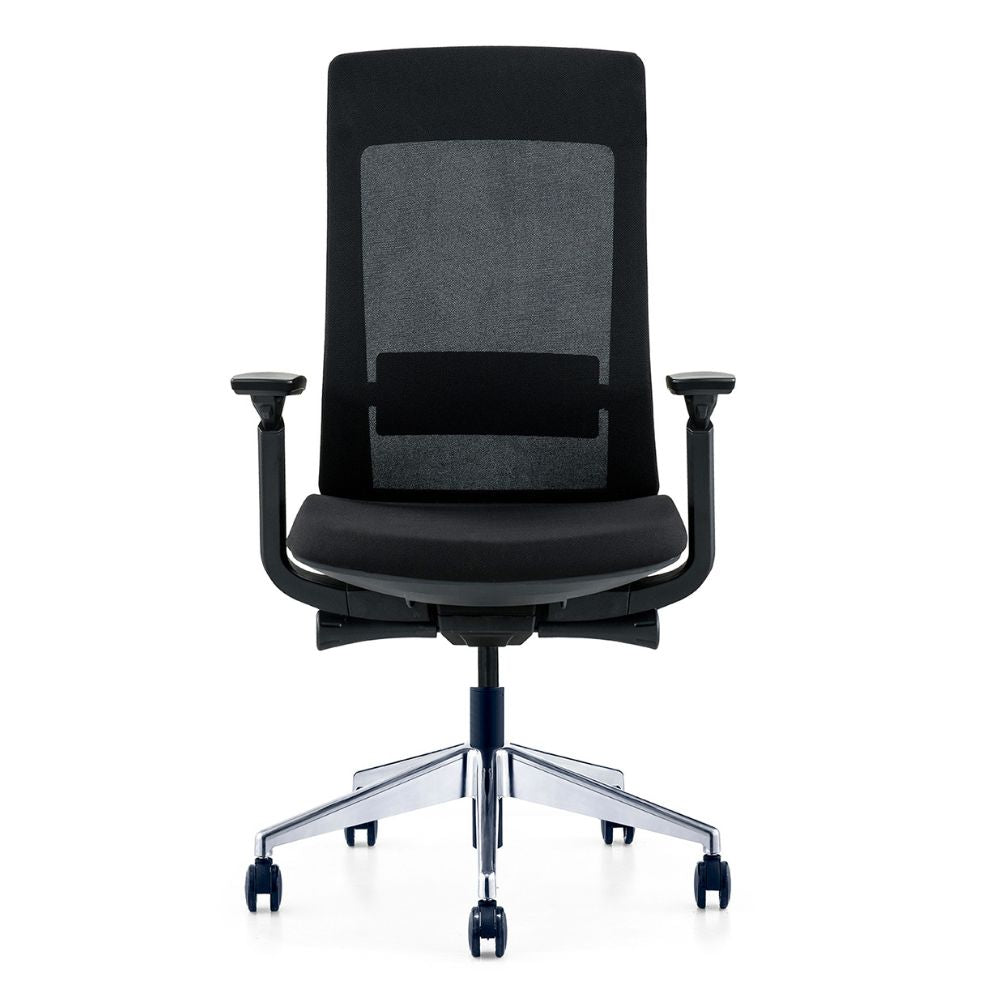Black ergonomic medium back office chair with adjustable lumbar support and 3D armrests on chrome base with casters